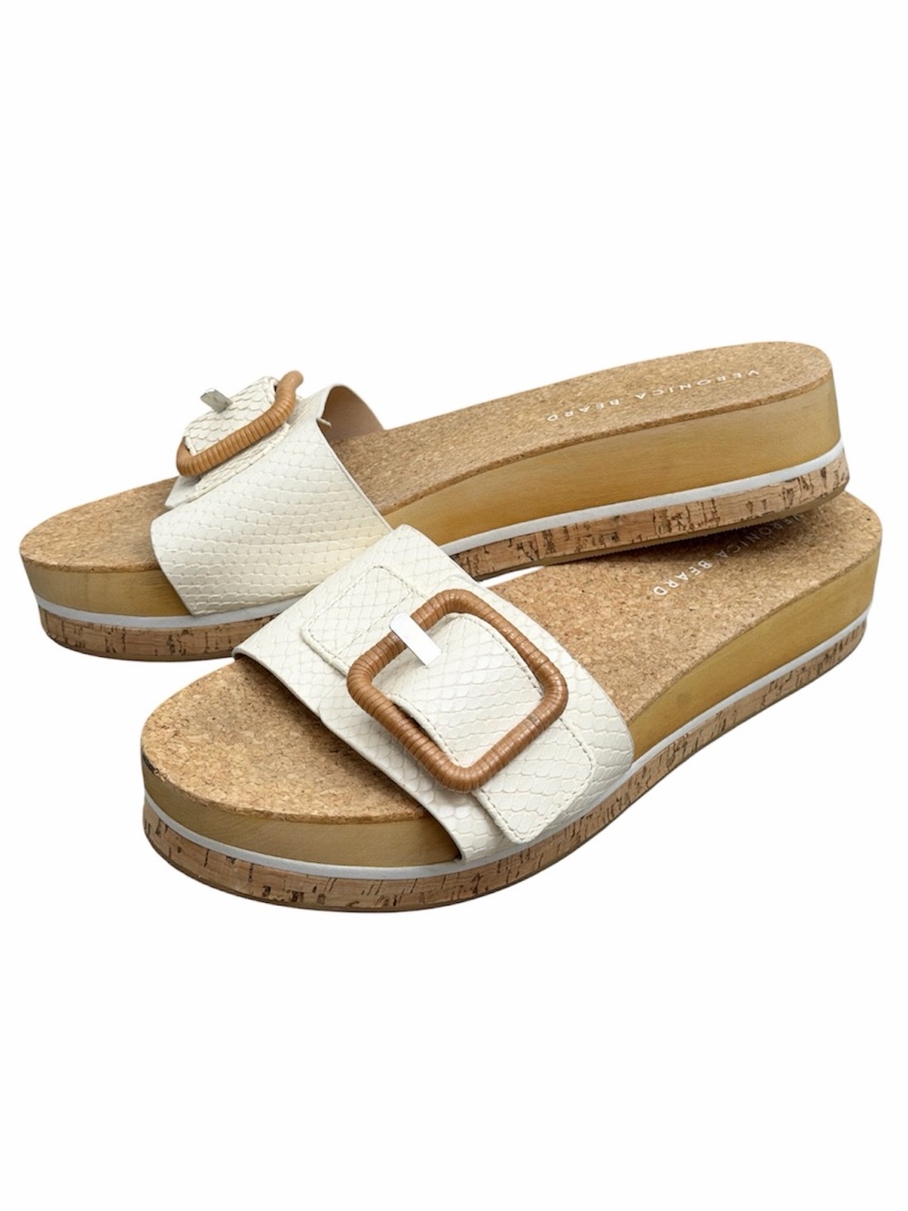Veronica Beard quiet luxury white snake style leather cork platform slides 9